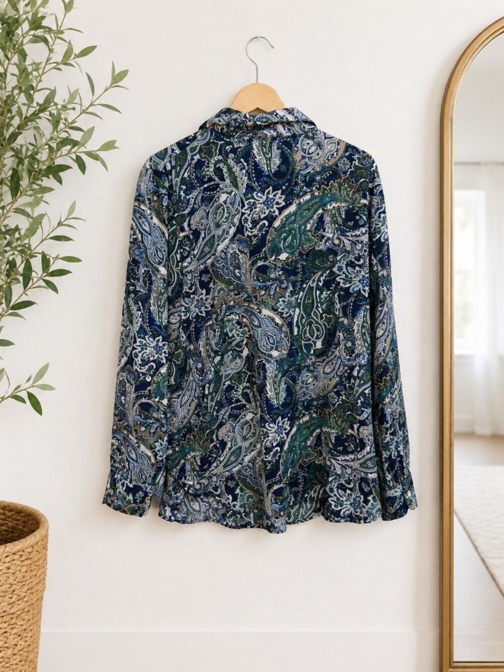 Roz & Ali Women's Paisley Button-Up Top Blue Green Beige Collared Long Sleeve L - Picture 3 of 11